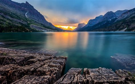 Wallpapers in ultra hd 4k 3840x2160, 1920x1080 high definition resolutions. nature, Landscape, Lake, Sunset, Saint Mary Lake, Montana ...