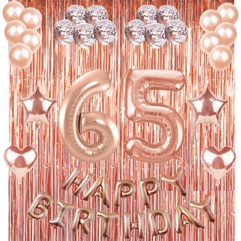 65th Rose Gold Happy Birthday Banner Confetti Balloon Party Decoration