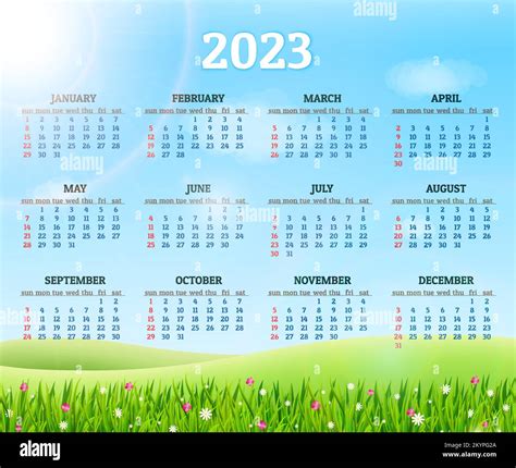 Calendrier Pour 2023 Avec Herbe Verte Fraîche Et Fond De Fleurs