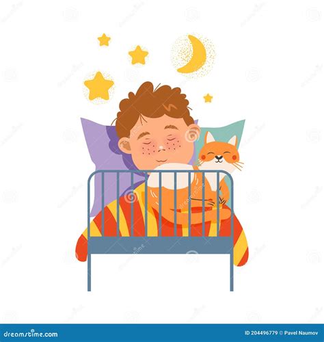 Cute Freckled Boy Sleeping In Bed At Night With Cat Pet Vector