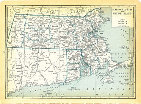 1937 National Atlas Vintage Map Pages Massachusetts Rhode Island Map