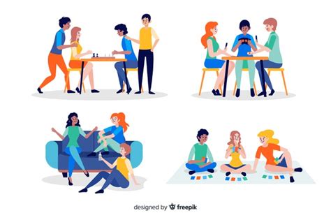 Our future will be better if we have planned the last, spending time with friends is a chance to share happiness or sadness with each other. Collection of friends spending time together Vector | Free ...