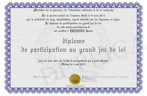 Diplome De Participation Au Grand Jeu De Loi