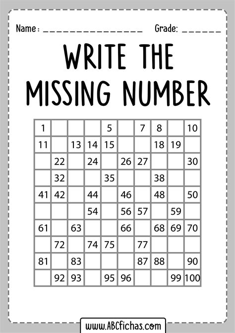 Missing Numbers 1 To 100 Printable Chart Grade Missing Number 1st