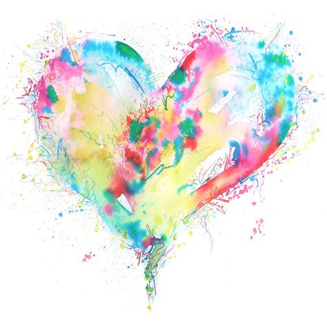 A Watercolor Painting Of A Heart With Splatches And Colors On The Side