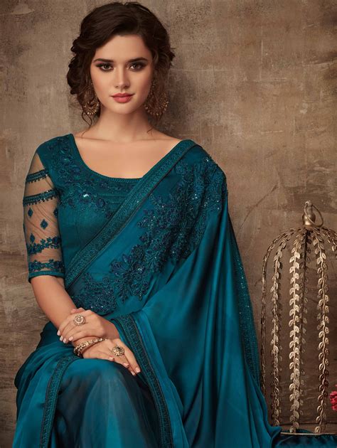 Dark Teal Blue Designer Silk Saree With Embroidered Border Silk Saree