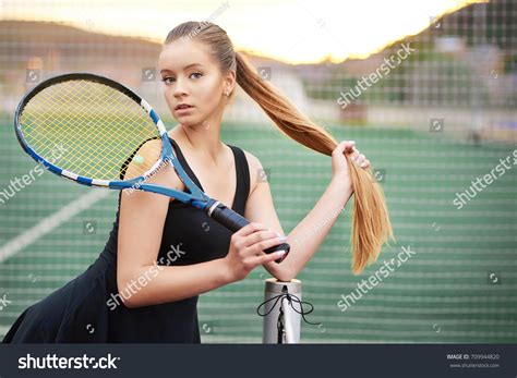 Female Tennis Player Racket Outdoors Sexy Stock Photo 709944820