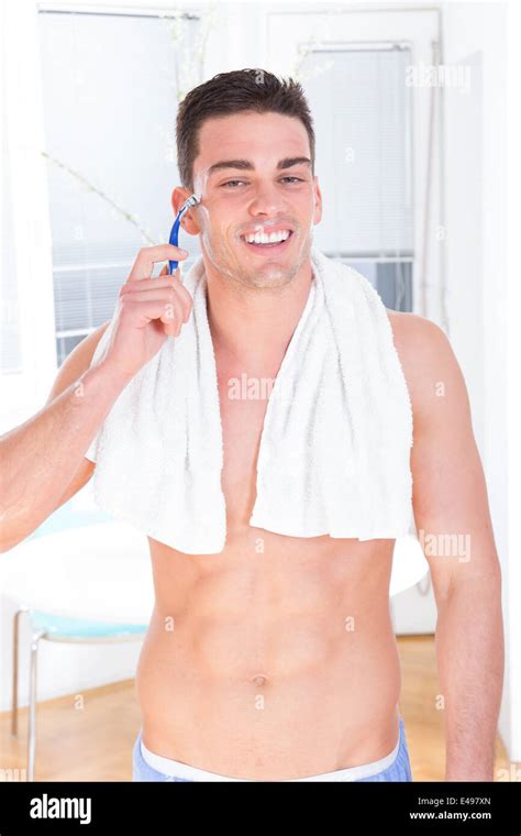 Smiling Man Shaving Face With Razor Morning Shaving Half Naked Guy