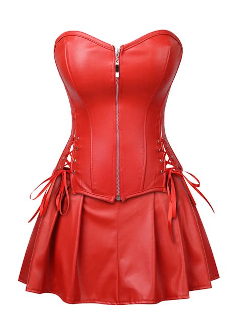 plus size strapless lace up corset with mini skirt sexy zipper solid leather corset bustier