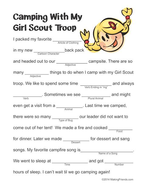 Girl Scout Camping Mad Lib Girl Scout Activities Girl Scout Troop