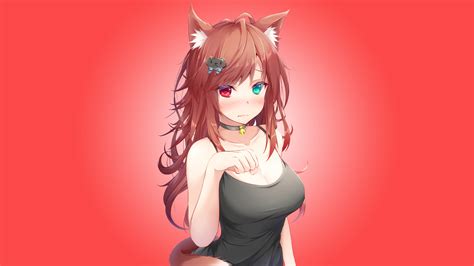 Brunette Anime Anime Girls Cat Ears Boobs Simple Background Heterochromia Blushing