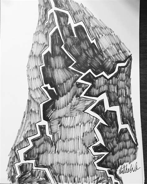 A Black And White Drawing Of A Mountain With Lightning Bolts Coming Out