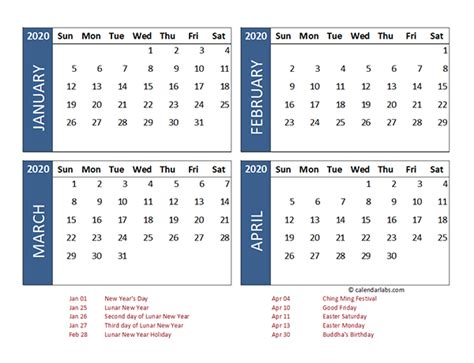 2020 Four Month Calendar Hong Kong Template Free Printable Templates