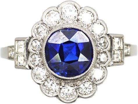 Art Deco 14ct White Gold Sapphire And Diamond Cluster Ring With Diamond