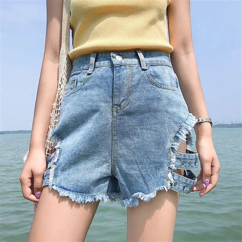 Buy Danjeaner Korean Version Summer High Waist Hollow Out Rivet Denim Shorts