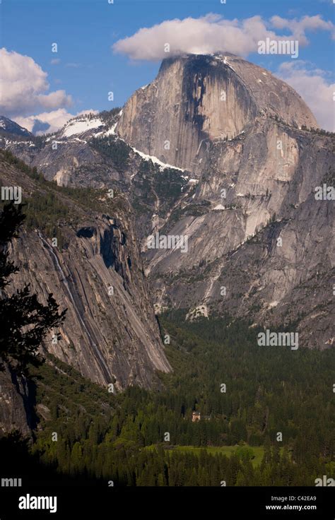 Aerial Vertical Panorama View Of Yosemite Valley And Half Dome Landmark