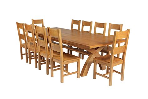 country oak 340cm extending cross leg square table and 10 chester timber seat chairs