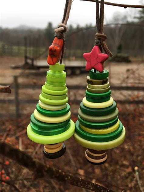 Button Christmas Tree Ornament Green Buttons With Stone Star Etsy