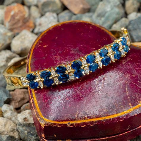 Blue Sapphire And Diamond Bangle Bracelet 14k Yellow Gold