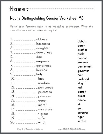 This matching includes various good kahoot names that are funny, since your email account is no longer valid, kind and makes me laugh, brunette lady with hazel eyes? Nouns Distinguishing Gender Matching Worksheet - Free to ...