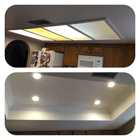 Remove the old lighting and install recessed lights inside the raised soffit ceiling. AZ Recessed Lighting kitchen conversion. One of our great ...