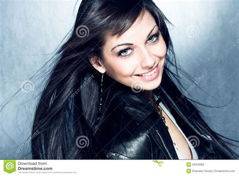 Smiling Long Black Hair Girl With Blue Eyes Stock Photos