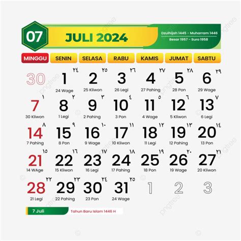 Kalender Bulan Juli 2024 Templat Modern Vektor Kalender Juli 2024
