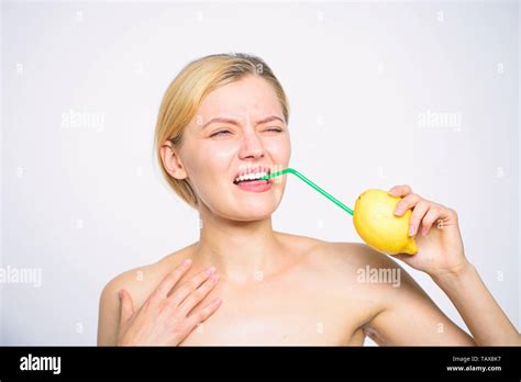 Girl Drink Fresh Juice Whole Lemon Fruit Cocktail Straw Sour Taste