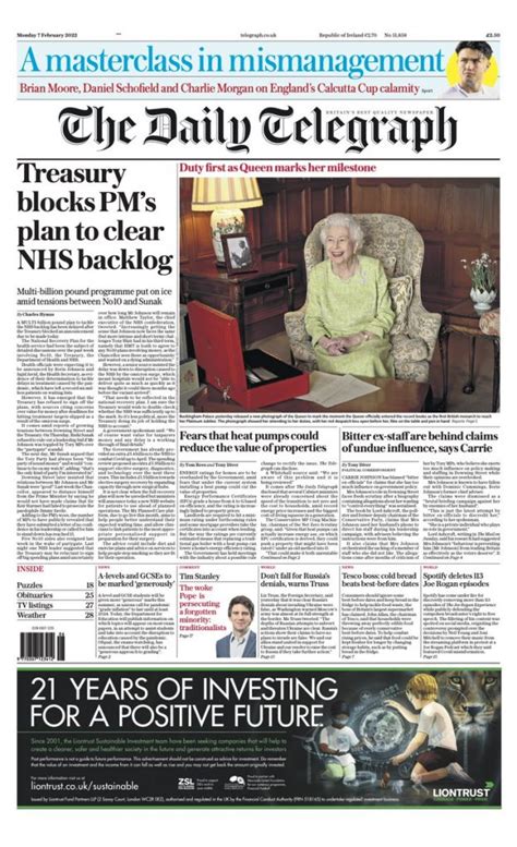 Daily Telegraph Front Page 7th Of February 2022 Tomorrows Papers Today