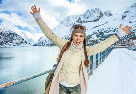 Happy Traveller Woman In Winter Outdoors Rejoicing Stock Photo Image