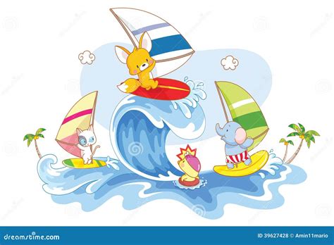 Animals Surfing On The Beach Stock Illustration Illustration Of