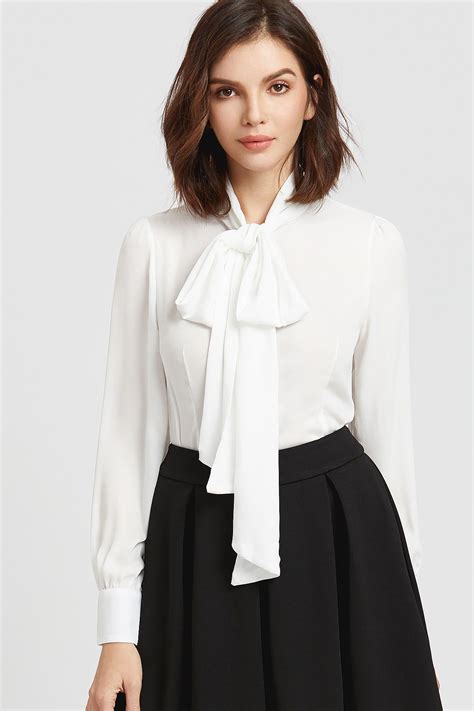 Self Tie Neck Cuffded Sleeves Curved Hem Blouse Bow Tie Blouse Tie