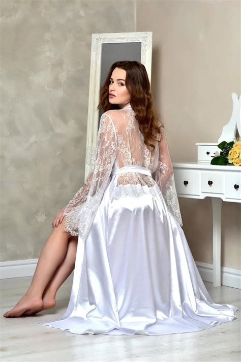 Long White Bridal Robe Satin Lace Back Dressing Gown Bridal Etsy