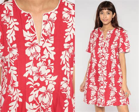 Hawaiian Mini Dress 90s Red White Tropical Floral Print Dress Boho
