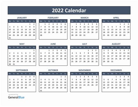 2022 Yearly Calendar Templates With Monday Start
