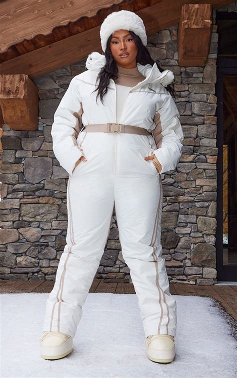 Plt Ski Plus Cream Hooded Belted Snow Suit Prettylittlething
