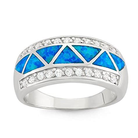 Sterling Silver Cz And Created Blue Opal Designed Band Ring Sterling