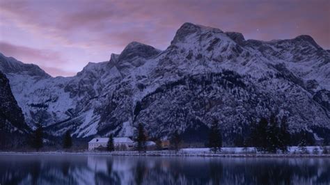 Download Wallpaper 1366x768 Mountains Lake Dusk Reflection