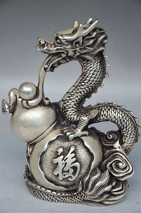 Exquisite Chinese Handmade Tibetan Silver Lifelike Dratgon Gourd