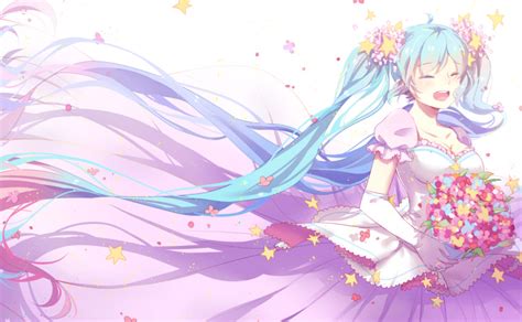 Safebooru Blue Hair Blush Closed Eyes Dress Flower Gloves Happy Hatsune Miku Long Hair