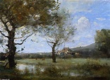 pré avec deux grands arbres de Jean-Baptiste Corot (1796-1875, France ...