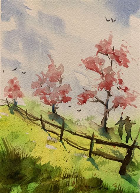 Pink Spring Trees Original Watercolor Painting