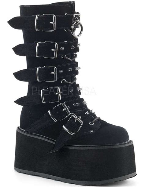 Damned Black Velvet Buckled Gothic Boots For Women Platform Goth Boots