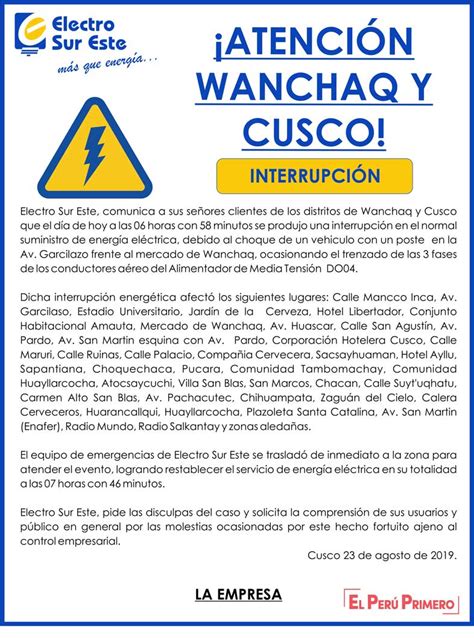 Corte Intempestivo De Energia 23 De Agosto Wanchaq Electro Sur Este