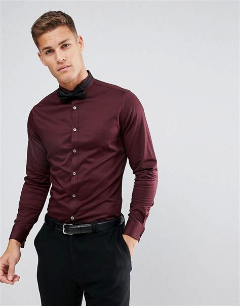 Asos Slim Sateen Shirt In Burgundy With Wing Collar And Double Cuff