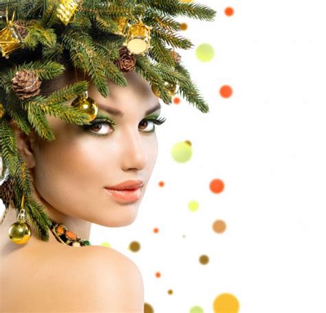 Christmas Woman Christmas Tree Holiday Hairstyle And Make Up Stock