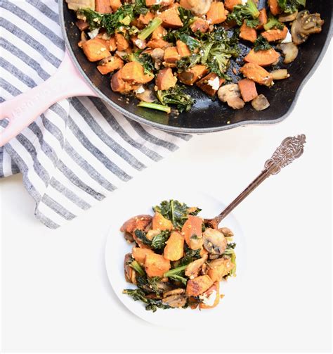 About 2 pounds mixed vegetables (i used a small butternut squash and red onion here; Sweet Potato, Mushroom, Crispy Kale & Goat Cheese Skillet ...