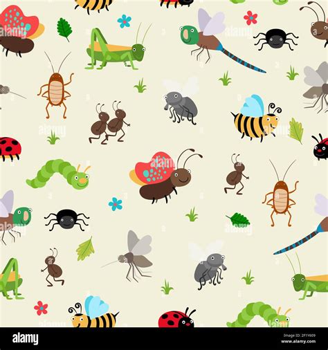 Seamless Background Bugs And Beetles Ant And Caterpillar Grasshopper