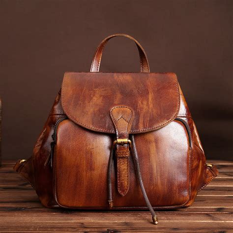 Womens Small Brown Leather Backpack Purse Funky Book Bag For Women