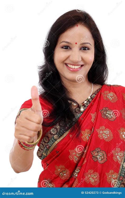 Cheerful Traditional Young Indian Woman Showing Thumbs Up Gestur Stock Image Image Of Face